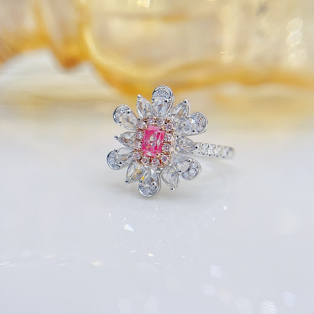 18K Rose Gold Diamond Cushion-Cut Flower Ring with AGL Certificate - Luxury Jewelry - Pink Diamond Ring