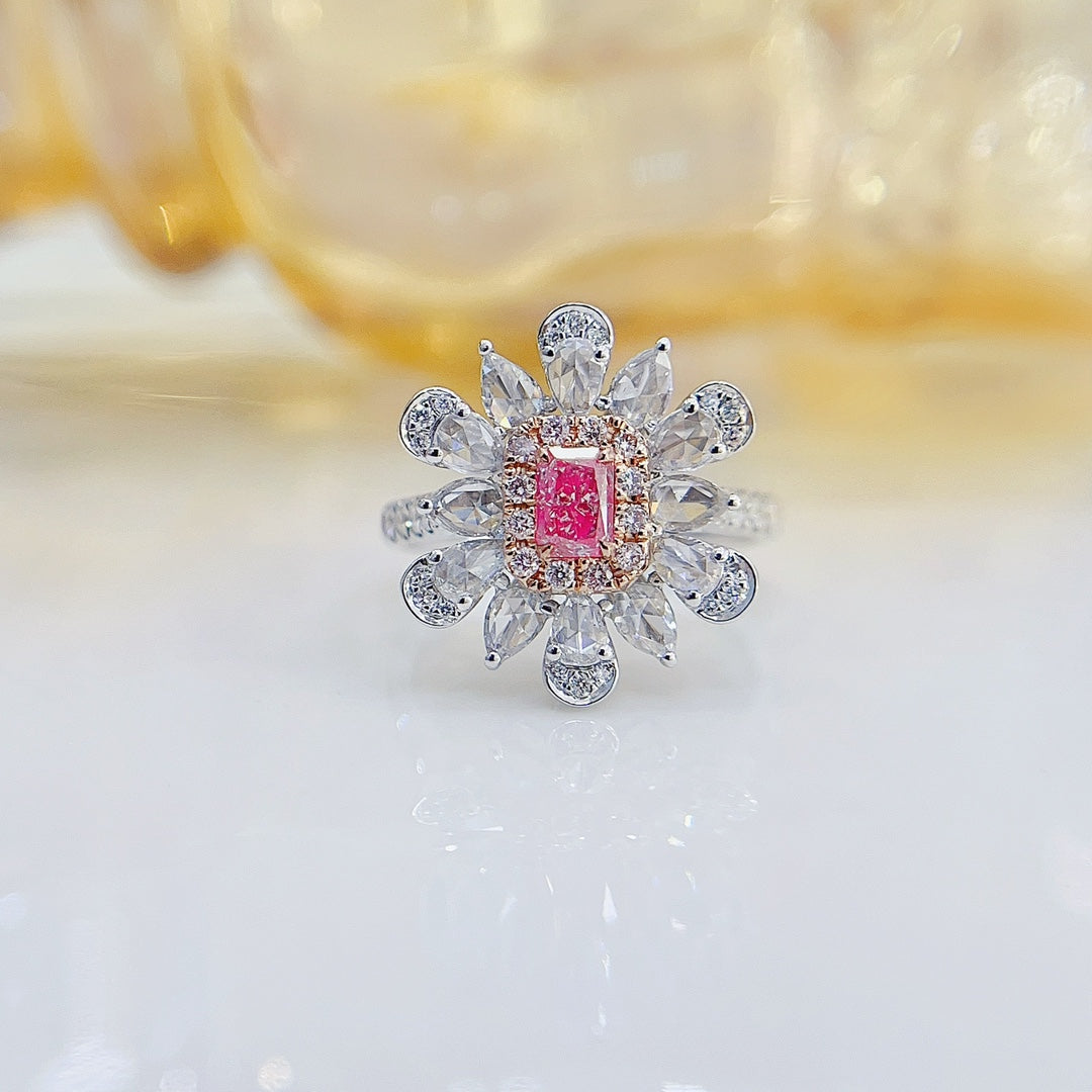 18K Rose Gold Diamond Cushion-Cut Flower Ring with AGL Certificate - Luxury Jewelry - Pink Diamond Ring