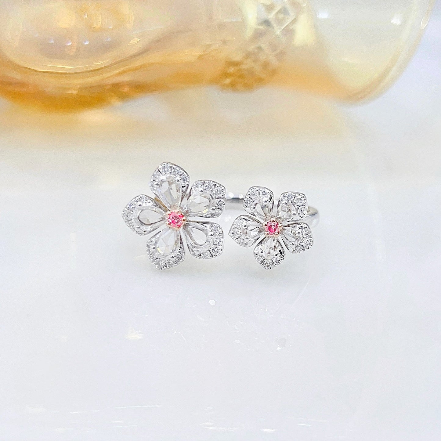 18K Rose Gold Diamond Double Flower Ring - Premium Jewelry - Pink Diamond Ring