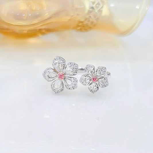 18K Rose Gold Diamond Double Flower Ring - Premium Jewelry - Pink Diamond Ring