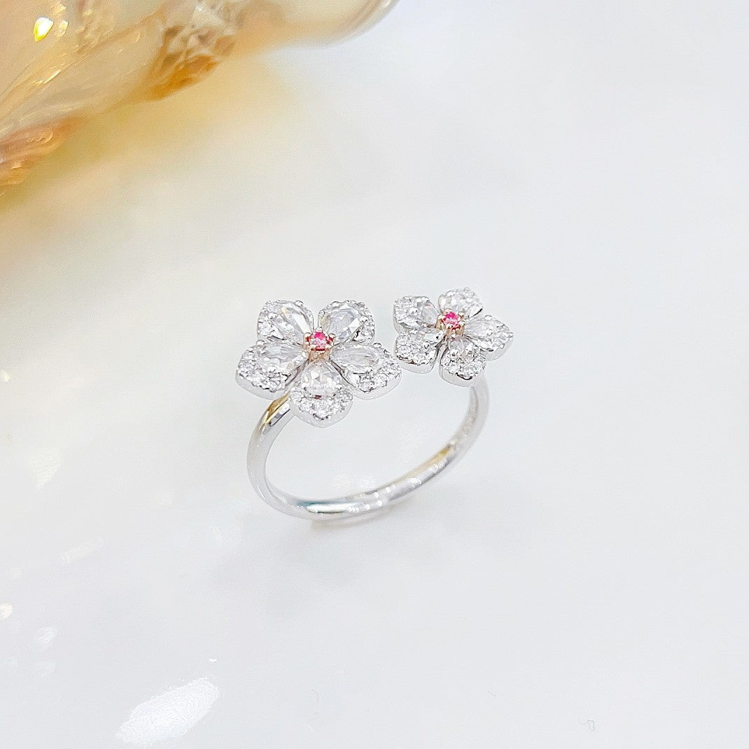 18K Rose Gold Diamond Double Flower Ring - Premium Jewelry - Pink Diamond Ring