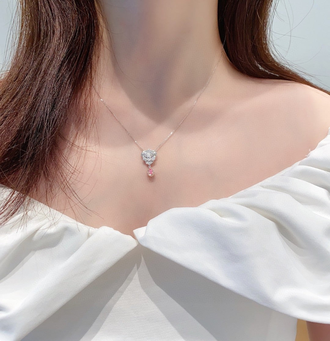 18K Rose Gold Diamond Drop Pendant with Earl Flower Design - Elegant Jewelry - Pink Diamond Necklace