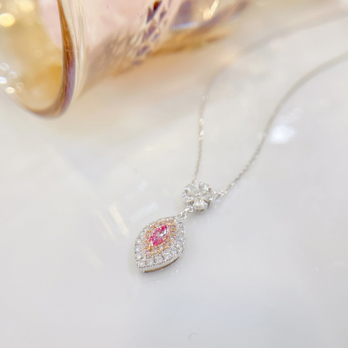 18K Rose Gold Diamond Marquise Five-Flower Pendant Necklace - Pink Diamond Necklace