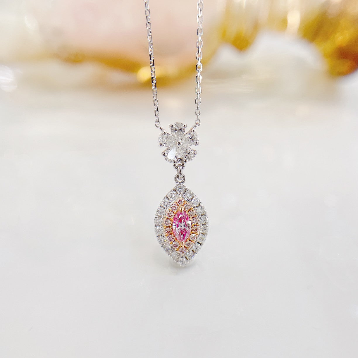 18K Rose Gold Diamond Marquise Five-Flower Pendant Necklace - Pink Diamond Necklace