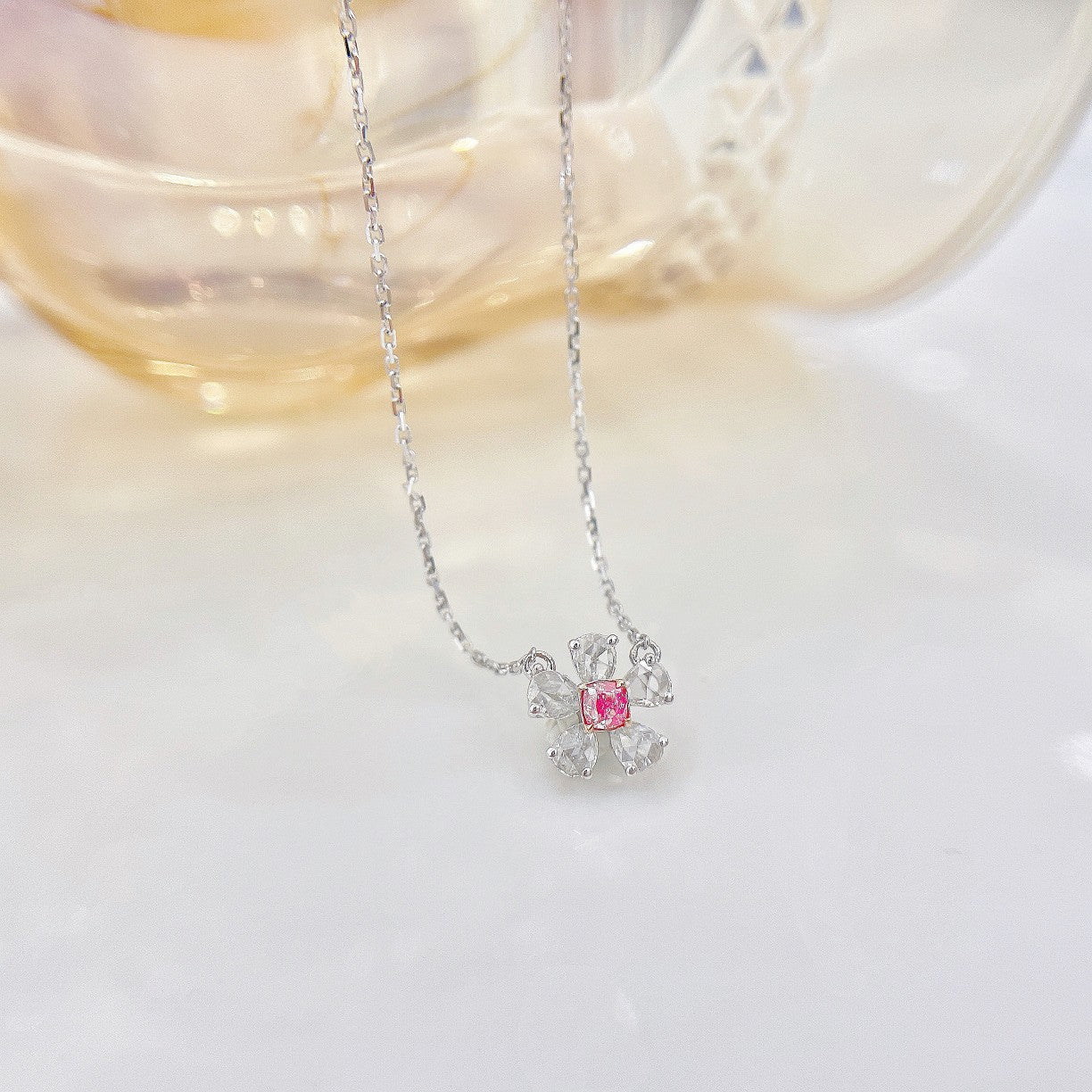 18K Rose Gold Diamond Rose Pendant Necklace - XL001-F - Pink Diamond Necklace