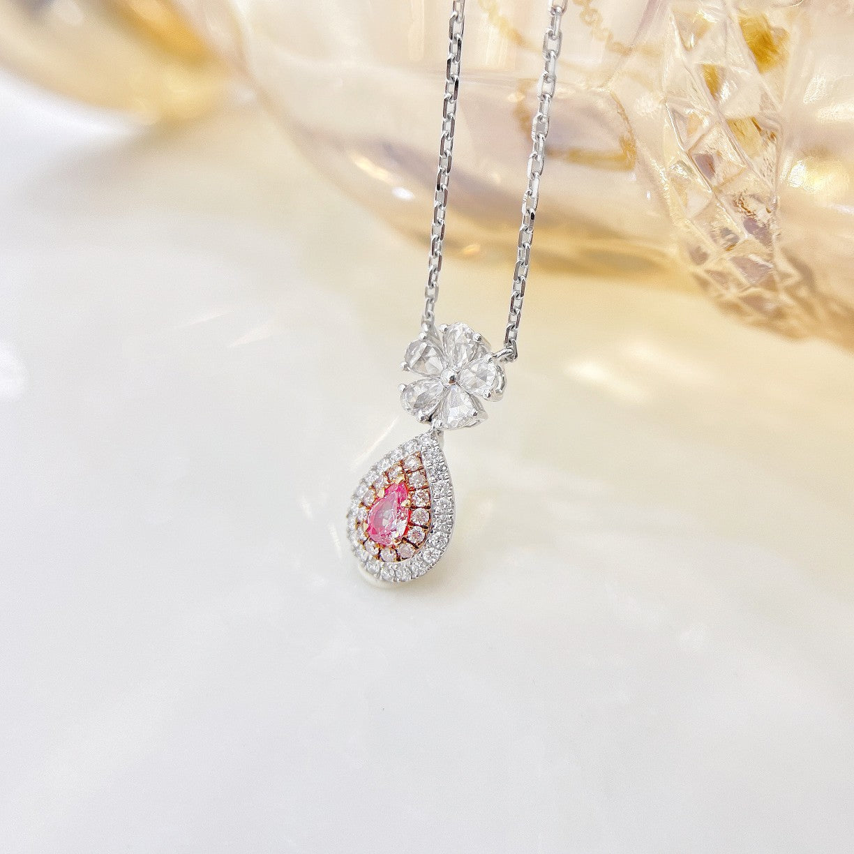 18K Rose Gold Diamond Waterdrop Rose Pendant Necklace - Jewelry - Pink Diamond Necklace