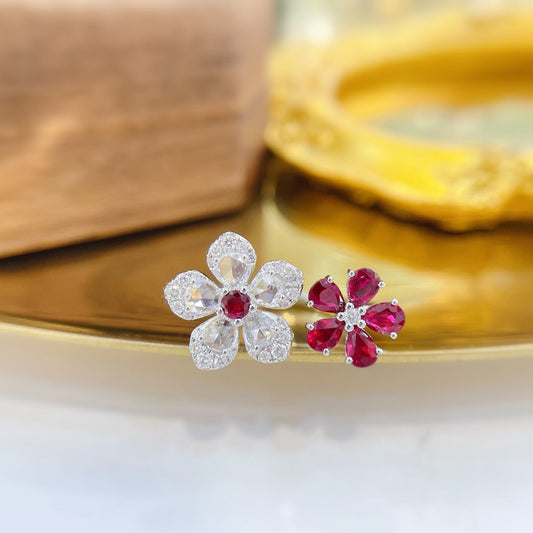 18K Rose Gold Double Flower Ring with Ruby Drop – Elegant Jewelry Piece - Red Treasure Ring