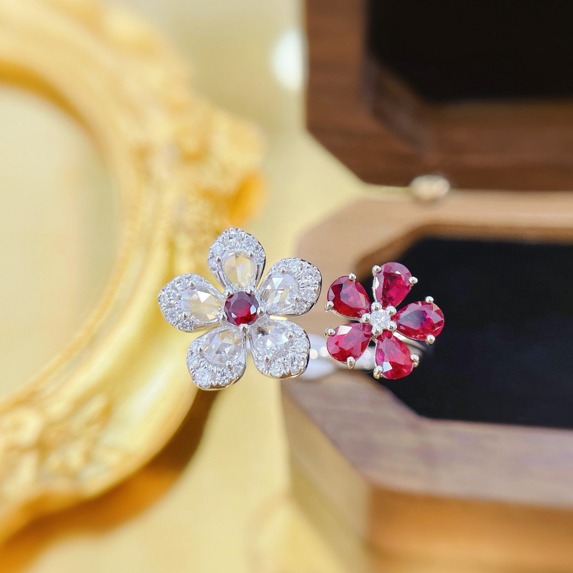 18K Rose Gold Double Flower Ring with Ruby Drop – Elegant Jewelry Piece - Red Treasure Ring