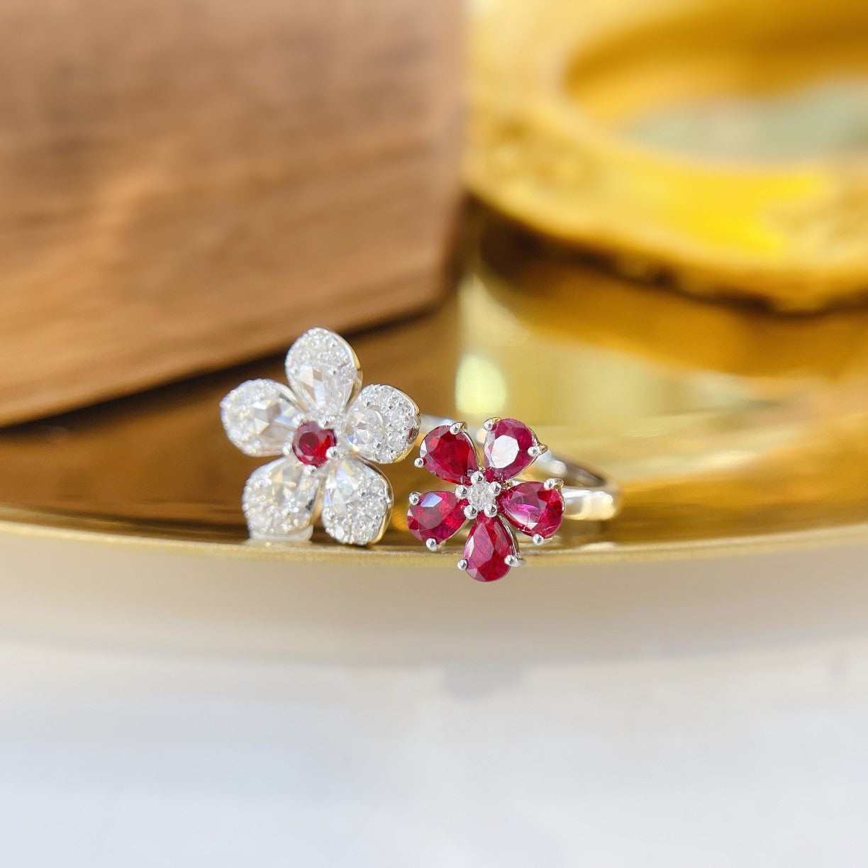 18K Rose Gold Double Flower Ring with Ruby Drop – Elegant Jewelry Piece - Red Treasure Ring