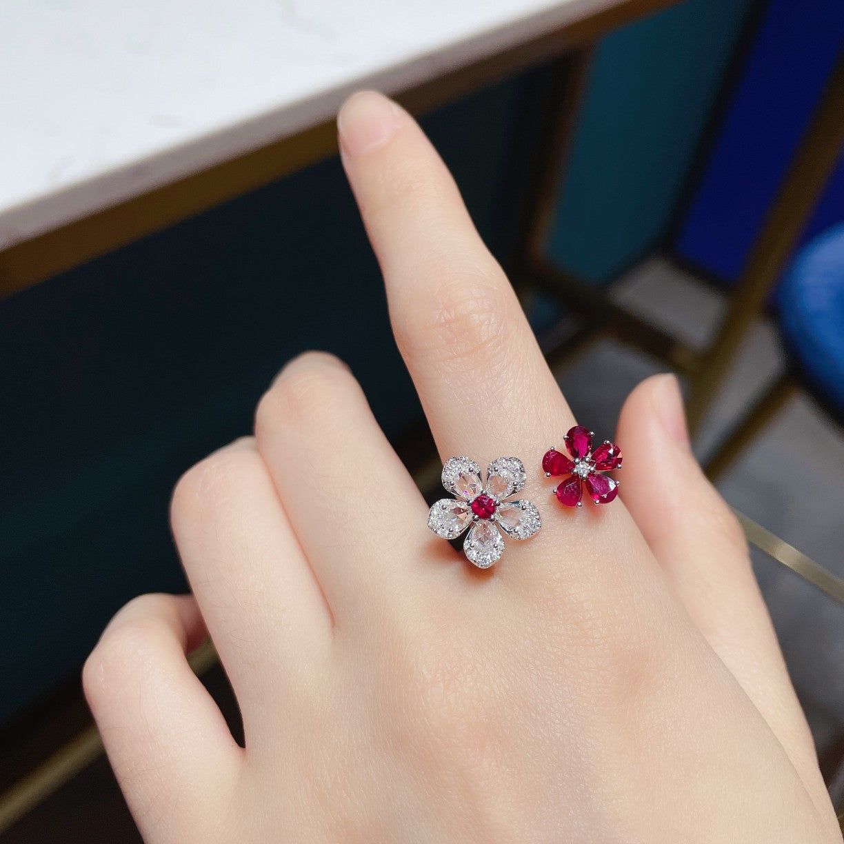 18K Rose Gold Double Flower Ring with Ruby Drop – Elegant Jewelry Piece - Red Treasure Ring