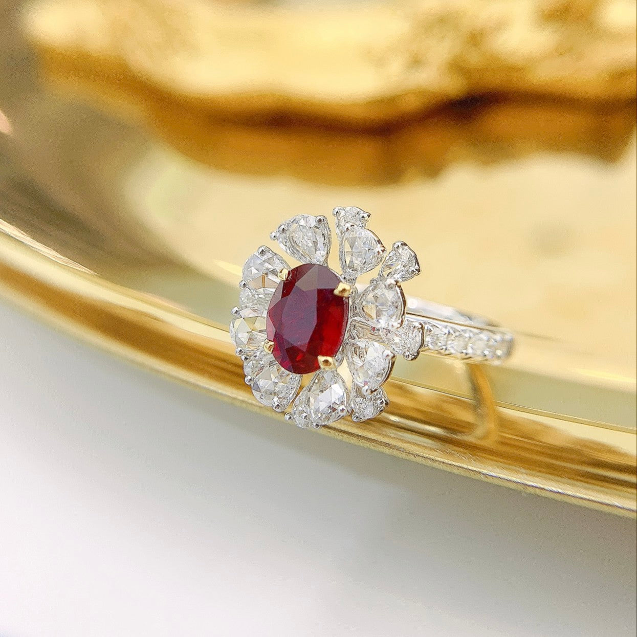 18K Rose Gold Double-Layer Oval Drop Ring with Ruby - Premium Jewelry - Red Treasure Ring