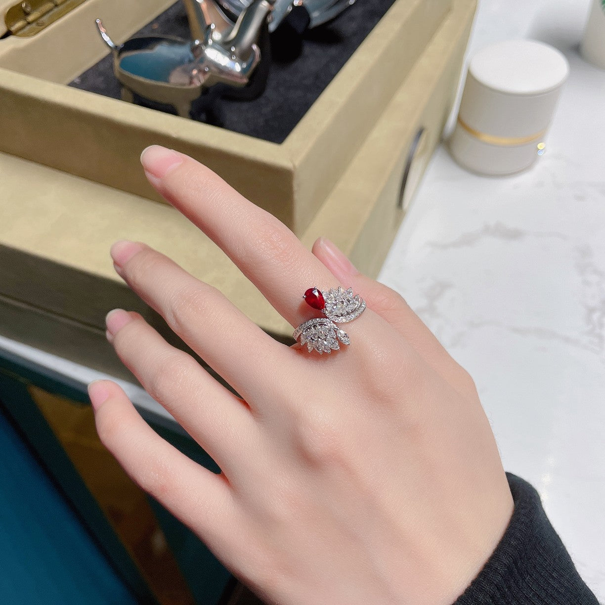 18K Rose Gold Double Row Marquise Ruby Ring | Fine Jewelry - Red Treasure Ring