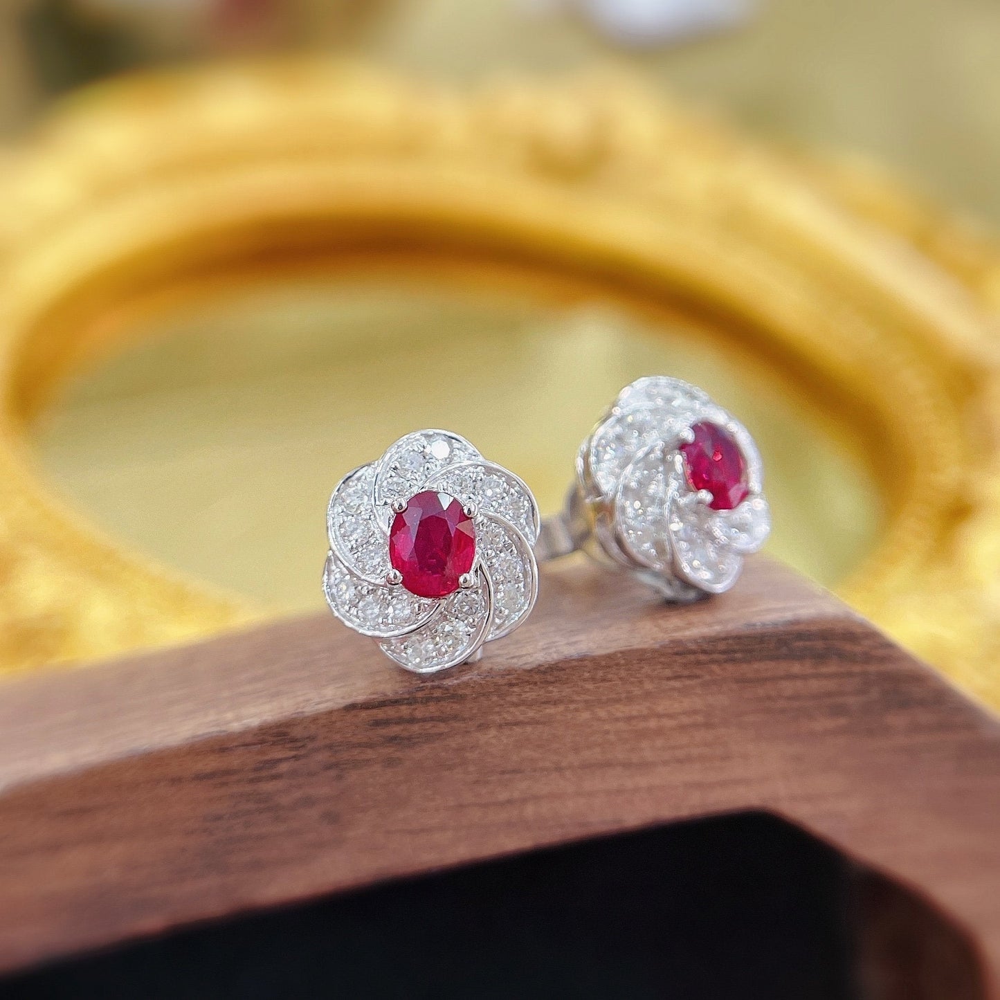 18K Rose Gold Ellipse Flower Stud Earrings with Rubies - Luxurious Jewelry Jeweler.Jewelry