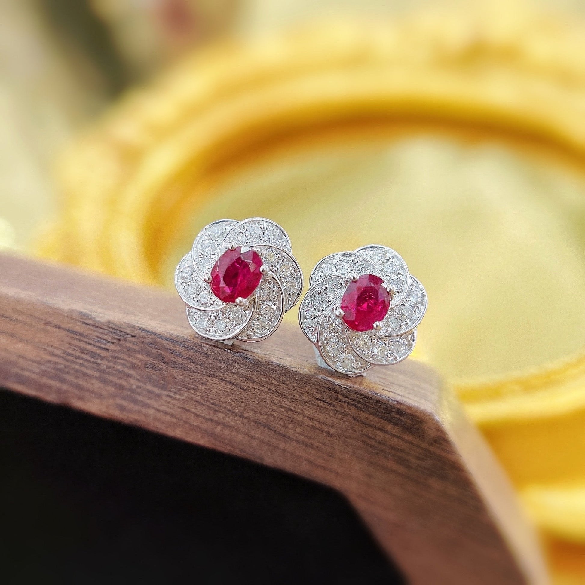 18K Rose Gold Ellipse Flower Stud Earrings with Rubies - Luxurious Jewelry Jeweler.Jewelry