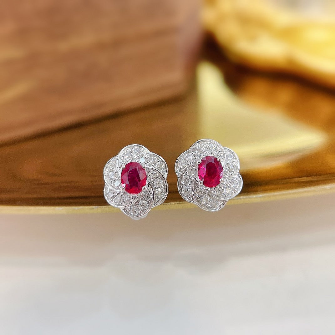 18K Rose Gold Ellipse Flower Stud Earrings with Rubies - Luxurious Jewelry Jeweler.Jewelry