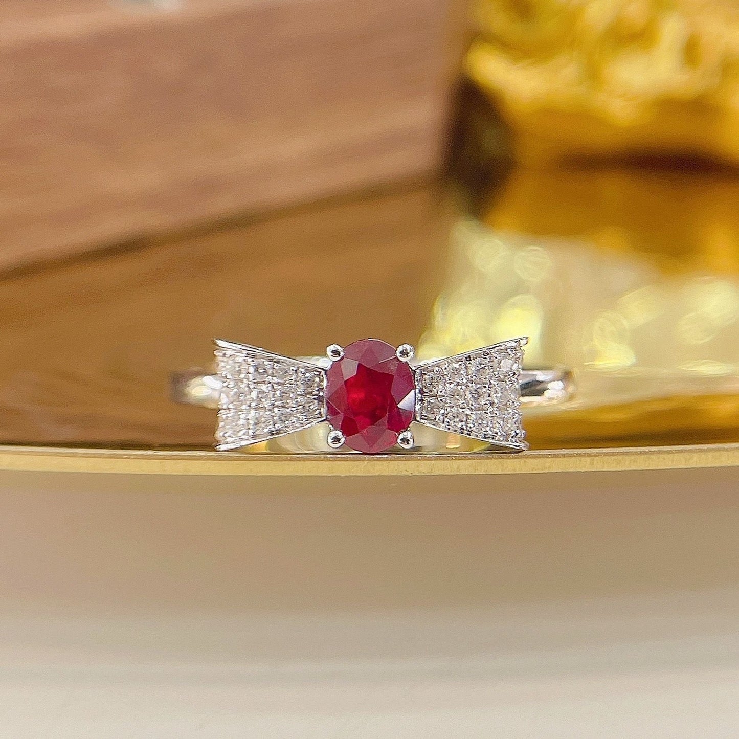 18K Rose Gold Elliptical Bowknot Ring with Rubies | Fine Jewelry - Red Treasure Ring