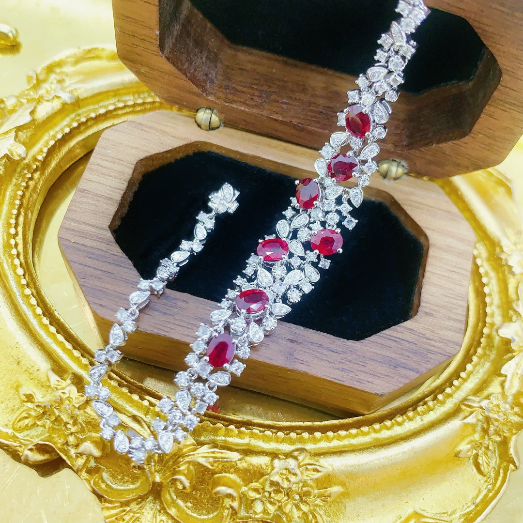 18K Rose Gold Elliptical Cable-Woven Bracelet with Red Gemstones - SL035-C - Red Treasure Bracelet