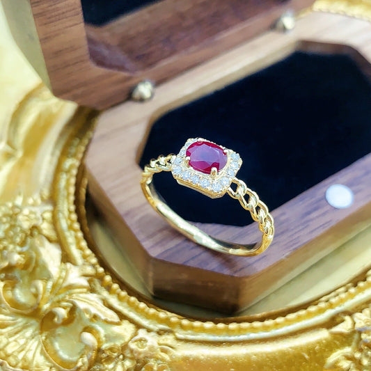 18K Rose Gold Elliptical Chain Ring with Precious Stones - Exquisite Jewelry - Red Treasure Ring