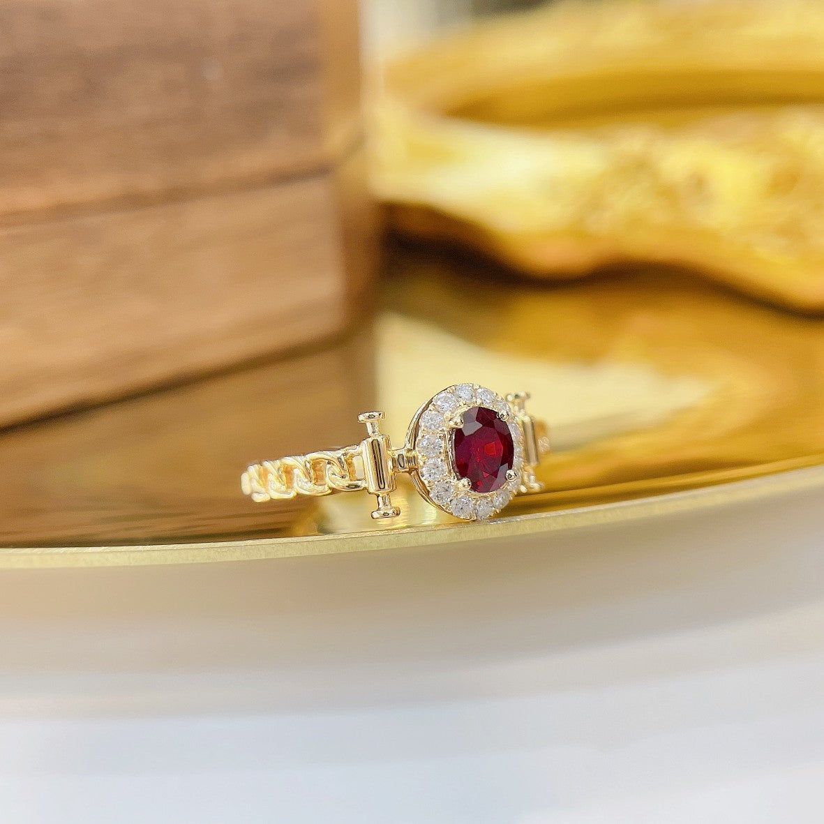 18K Rose Gold Elliptical Double-Bar Chain Ring with Red Gemstone - Premium Jewelry - Red Treasure Ring