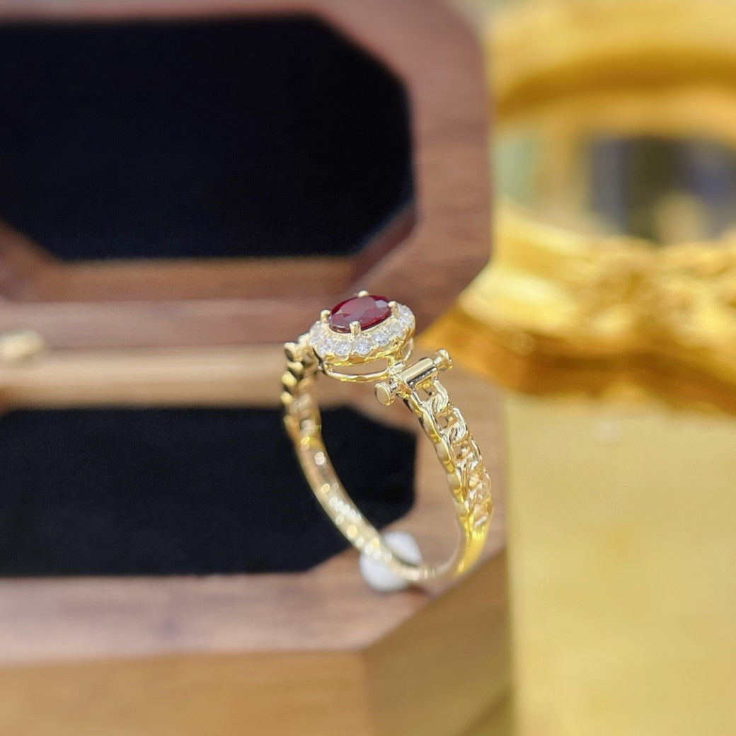 18K Rose Gold Elliptical Double-Bar Chain Ring with Red Gemstone - Premium Jewelry - Red Treasure Ring