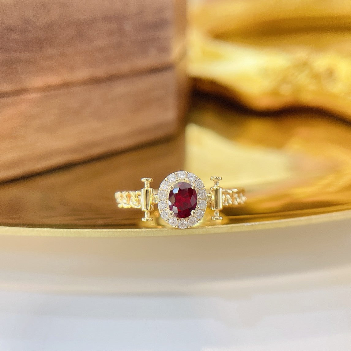 18K Rose Gold Elliptical Double-Bar Chain Ring with Red Gemstone - Premium Jewelry - Red Treasure Ring