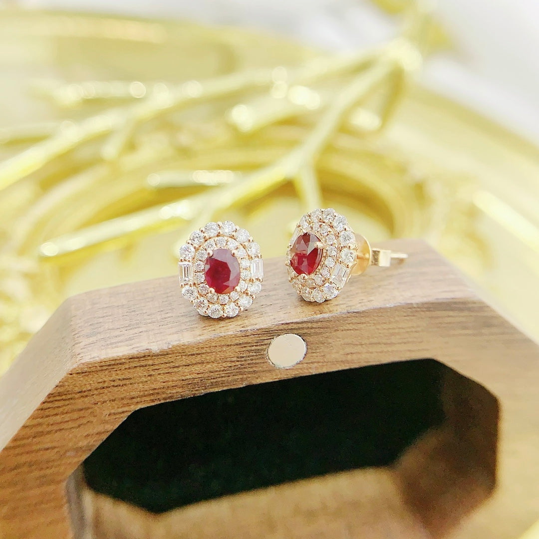 18K Rose Gold Elliptical Double Halo Ruby Earrings Jeweler.Jewelry