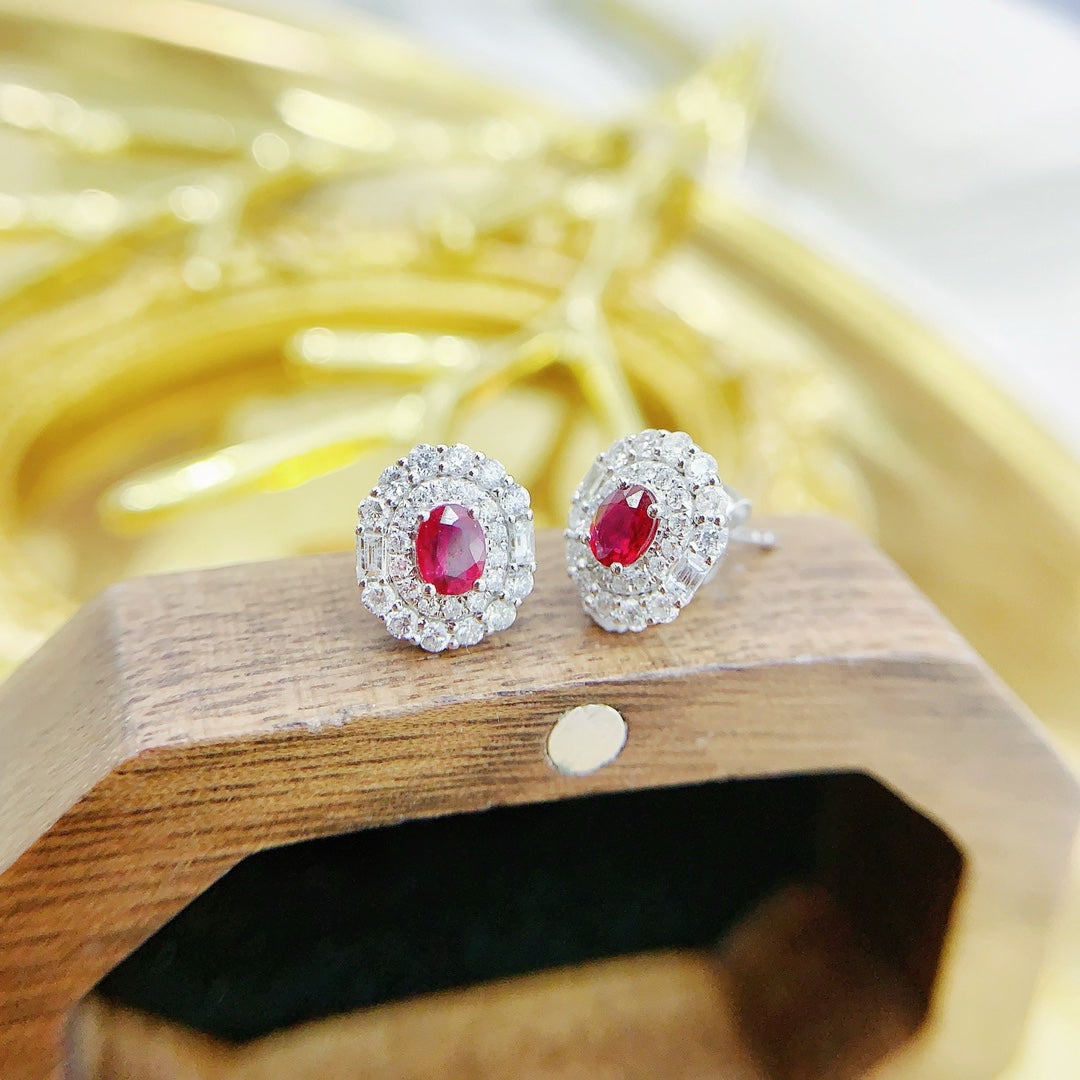 18K Rose Gold Elliptical Double Halo Ruby Earrings Jeweler.Jewelry