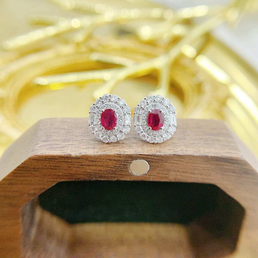 18K Rose Gold Elliptical Double Halo Ruby Earrings Jeweler.Jewelry