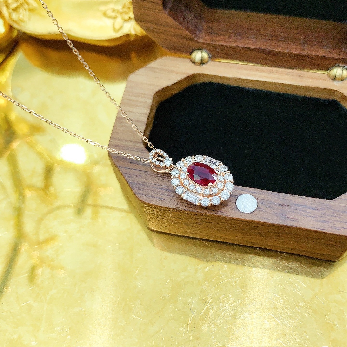 18K Rose Gold Elliptical Double Halo Ruby Necklace - Red Treasure Necklace