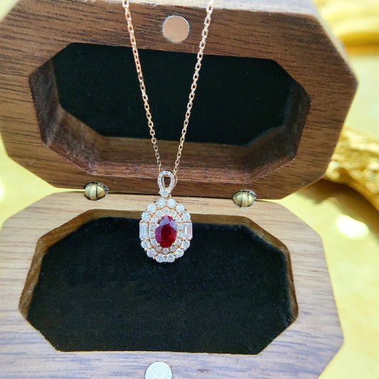 18K Rose Gold Elliptical Double Halo Ruby Necklace - Red Treasure Necklace