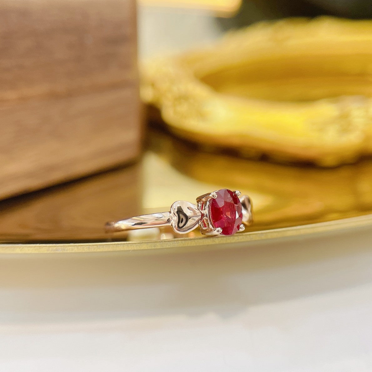 18K Rose Gold Elliptical Double Heart Ring with Ruby - Premium Jewelry - Red Treasure Ring