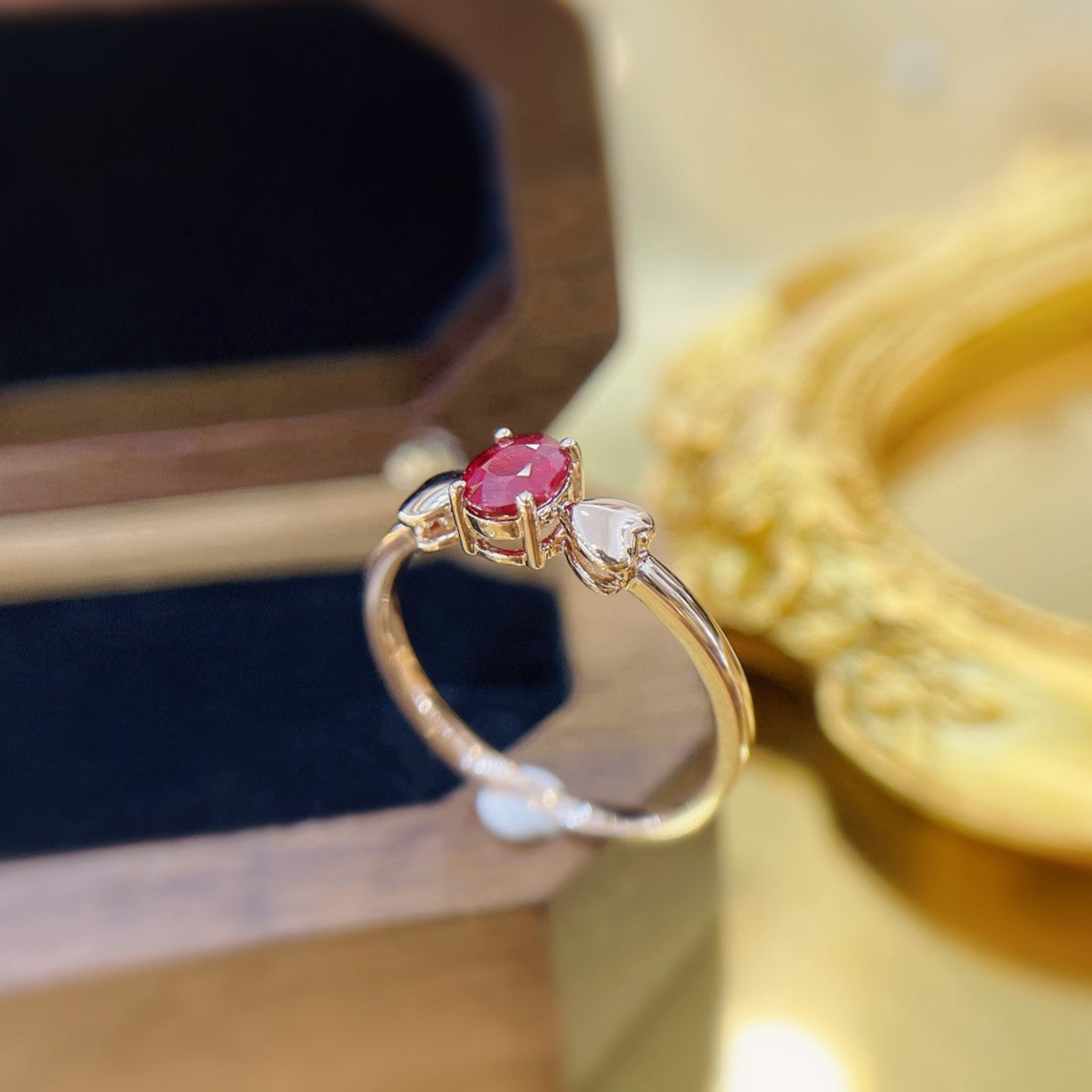 18K Rose Gold Elliptical Double Heart Ring with Ruby - Premium Jewelry - Red Treasure Ring