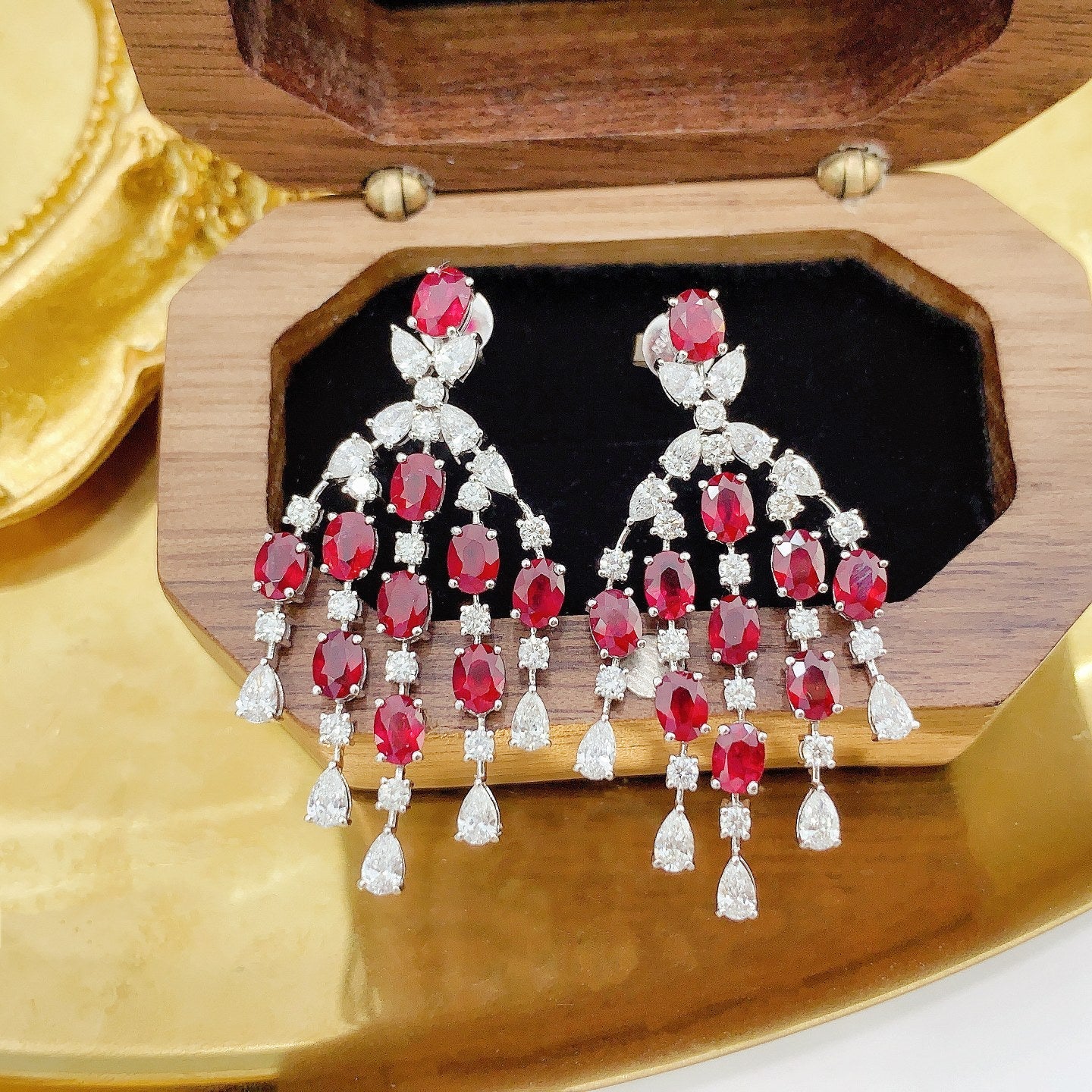 18K Rose Gold Elliptical Drop Shape Ruby Diamond Tassel Earrings Jeweler.Jewelry