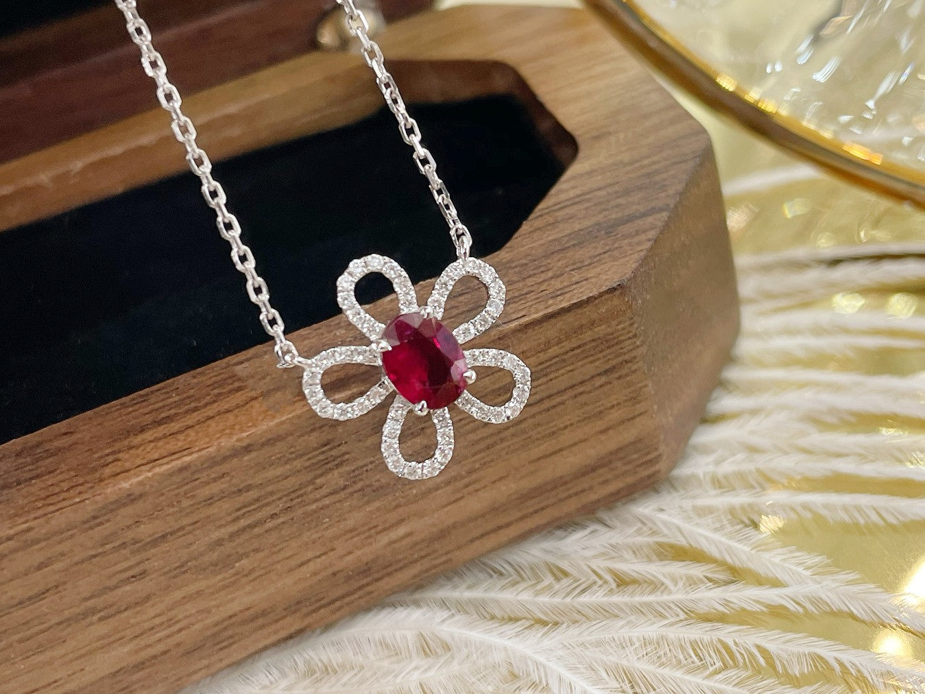 18K Rose Gold Elliptical Five-Flower Pendant with Rubies – XL013-C - Red Treasure Necklace