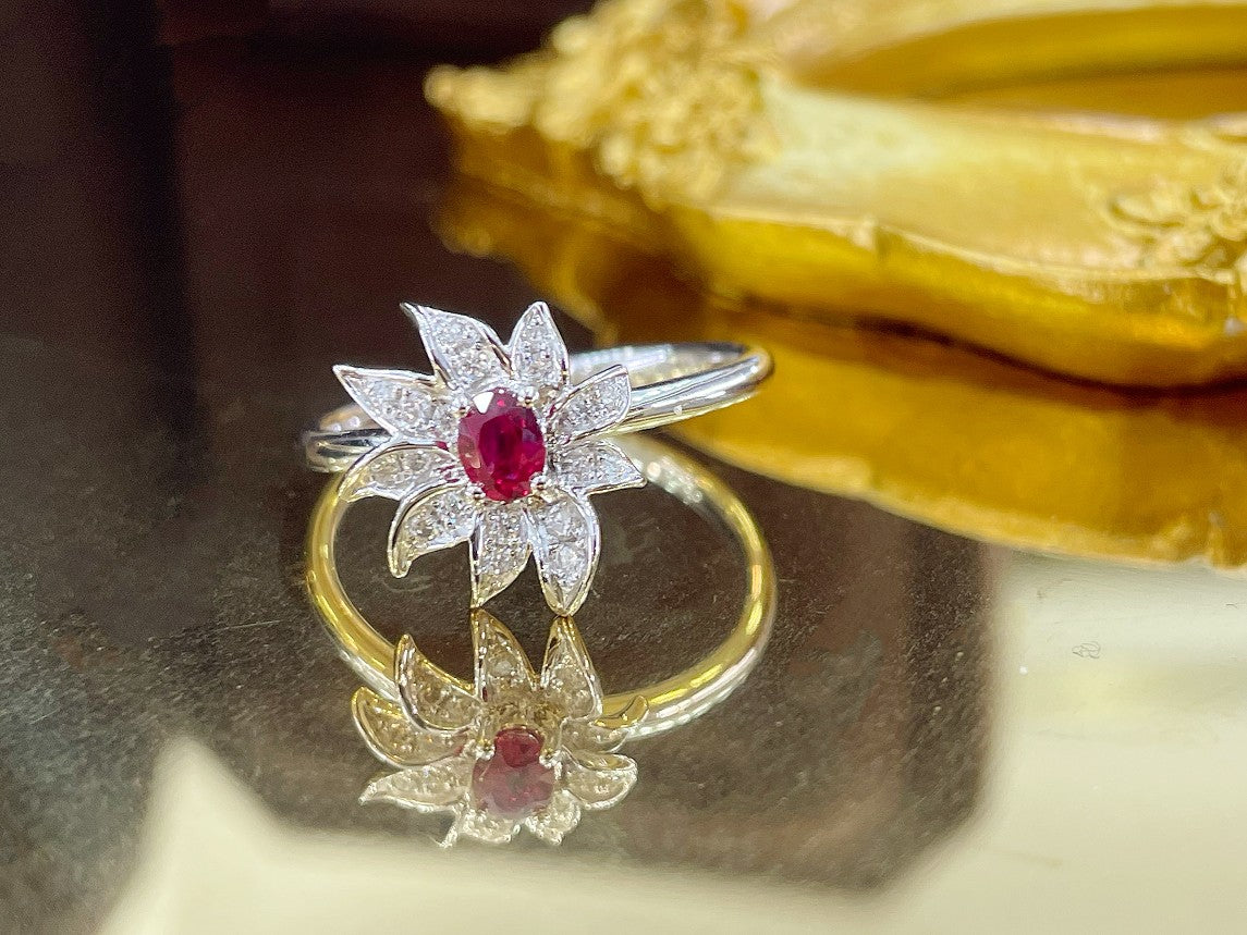 18K Rose Gold Elliptical Flame Ring with Ruby | Premium Jewelry - Red Treasure Ring