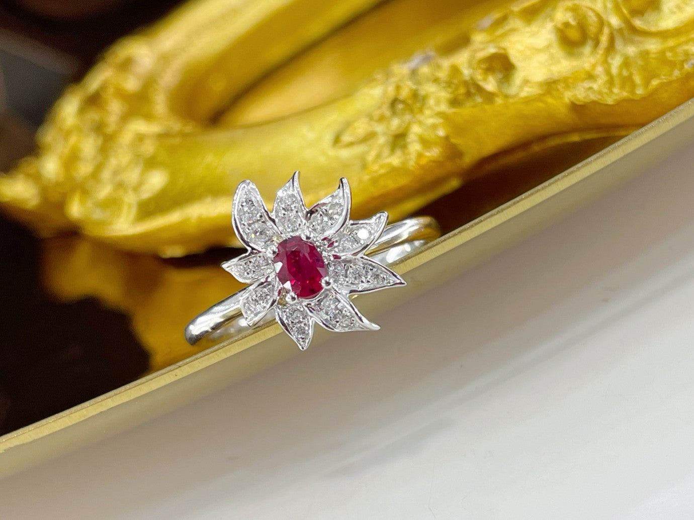 18K Rose Gold Elliptical Flame Ring with Ruby | Premium Jewelry - Red Treasure Ring