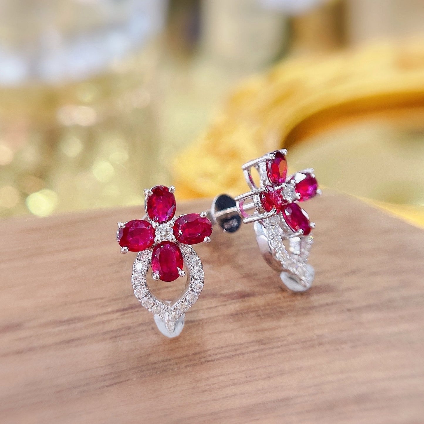 18K Rose Gold Elliptical Four-Leaf Clover Earrings with Rubies Jeweler.Jewelry