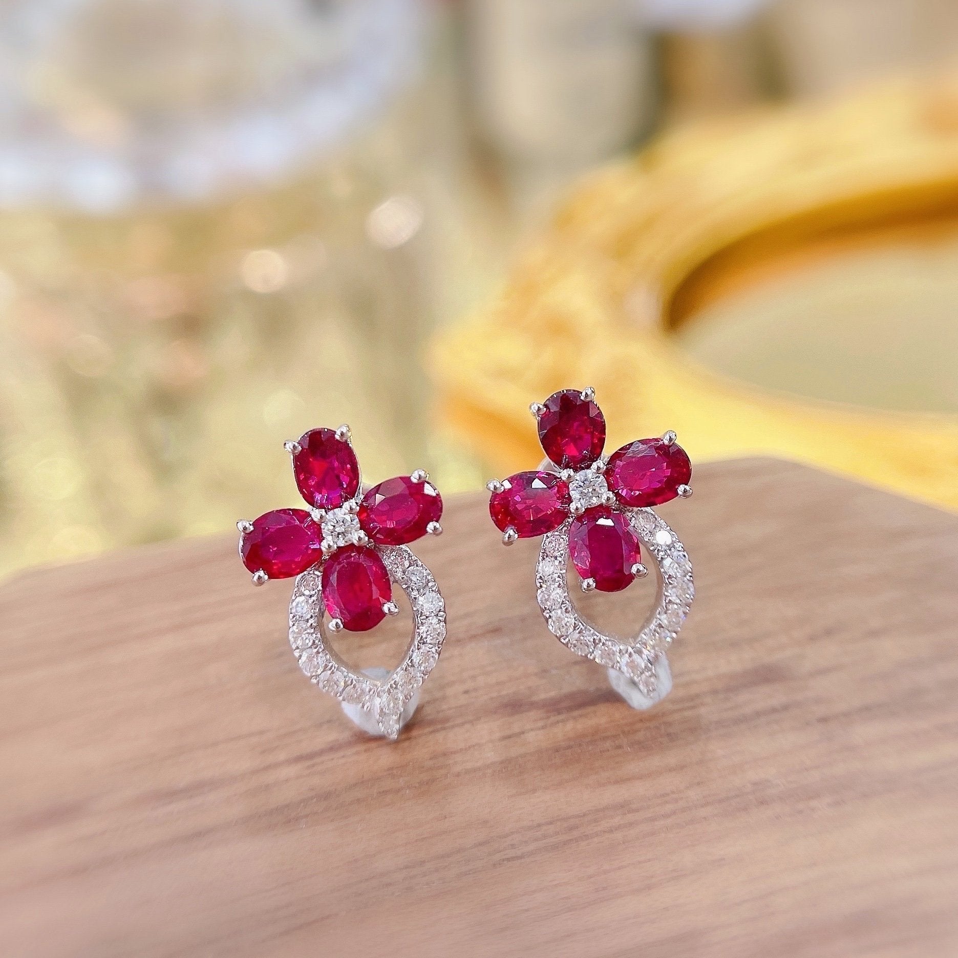 18K Rose Gold Elliptical Four-Leaf Clover Earrings with Rubies Jeweler.Jewelry