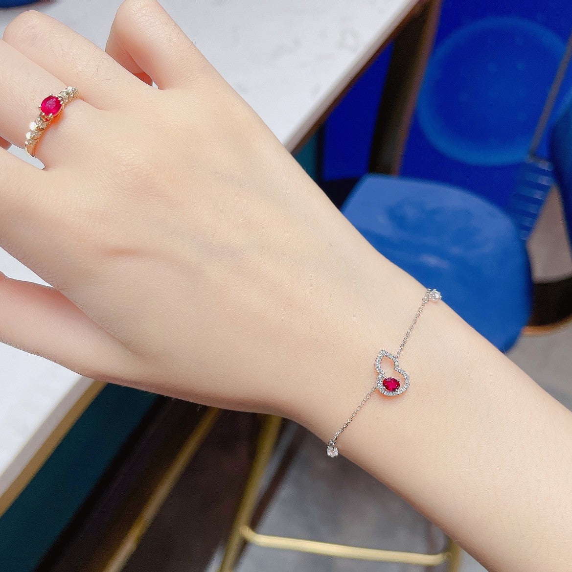 18K Rose Gold Elliptical Gourd Shaped Ruby Bracelet with Accent Stones - SL003-C - Red Treasure Bracelet