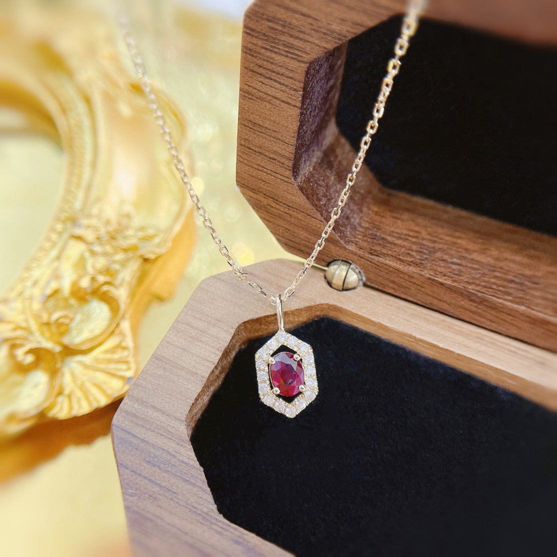 18K Rose Gold Elliptical Hexagon Diamond Pendant Necklace - Red Treasure Necklace