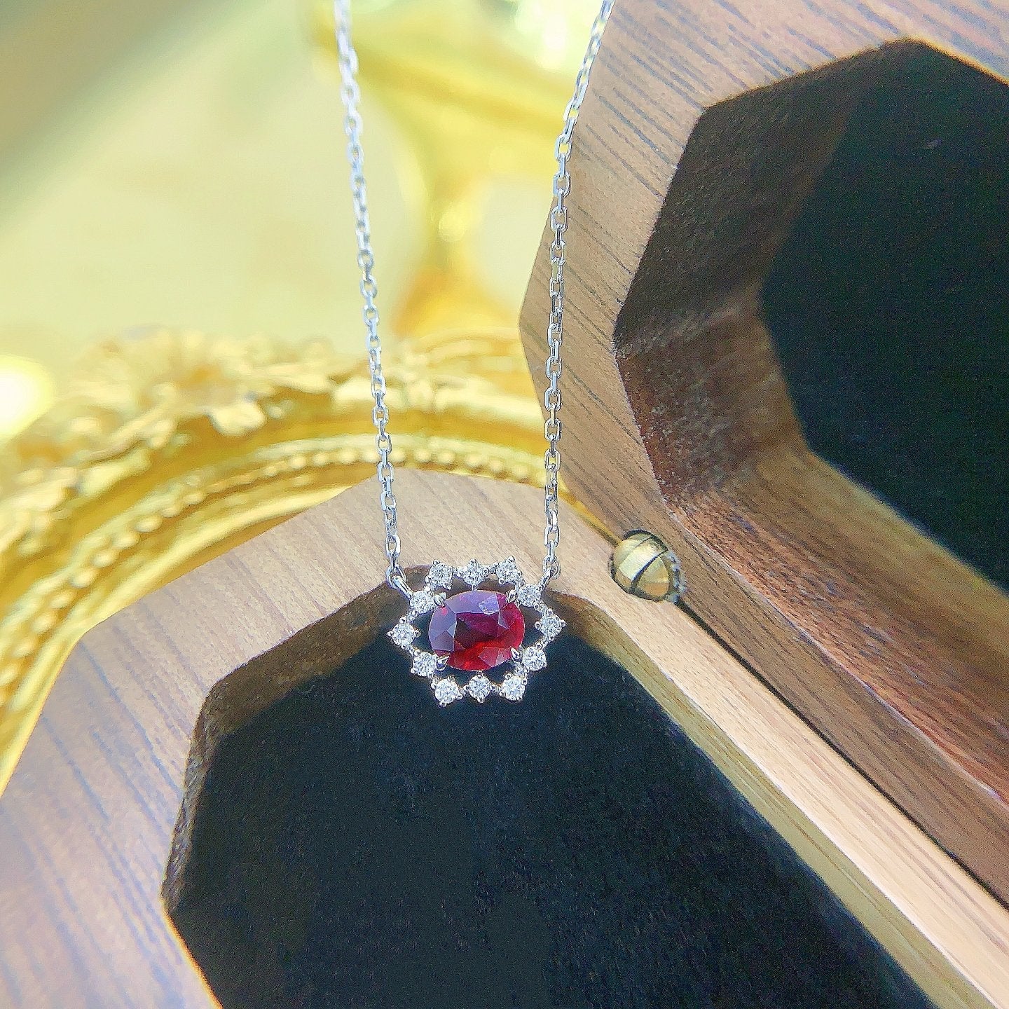 18K Rose Gold Elliptical Hexagon Necklace with Ruby – XL015-C - Red Treasure Necklace