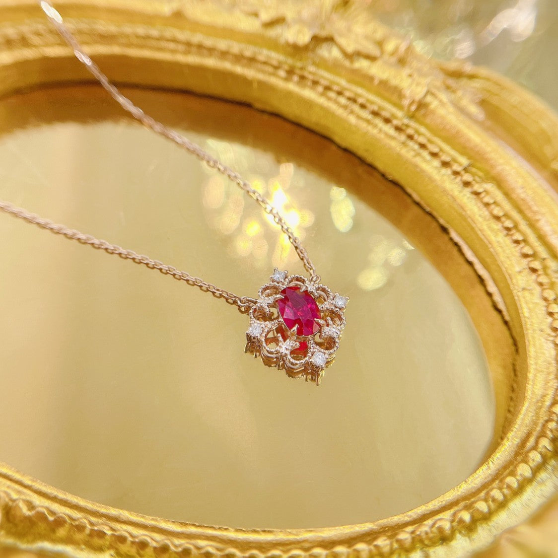 18K Rose Gold Elliptical Ruby Beaded Edge Hollow Necklace - Red Treasure Necklace