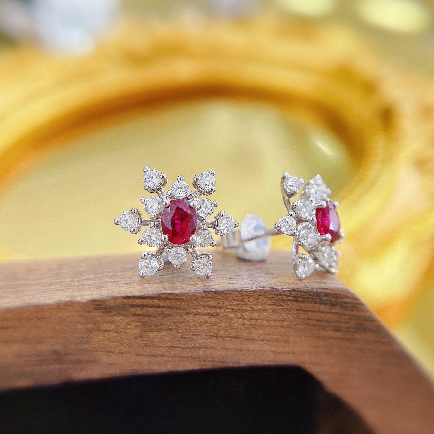 18K Rose Gold Elliptical Snowflake Earrings with Ruby Accent Jeweler.Jewelry