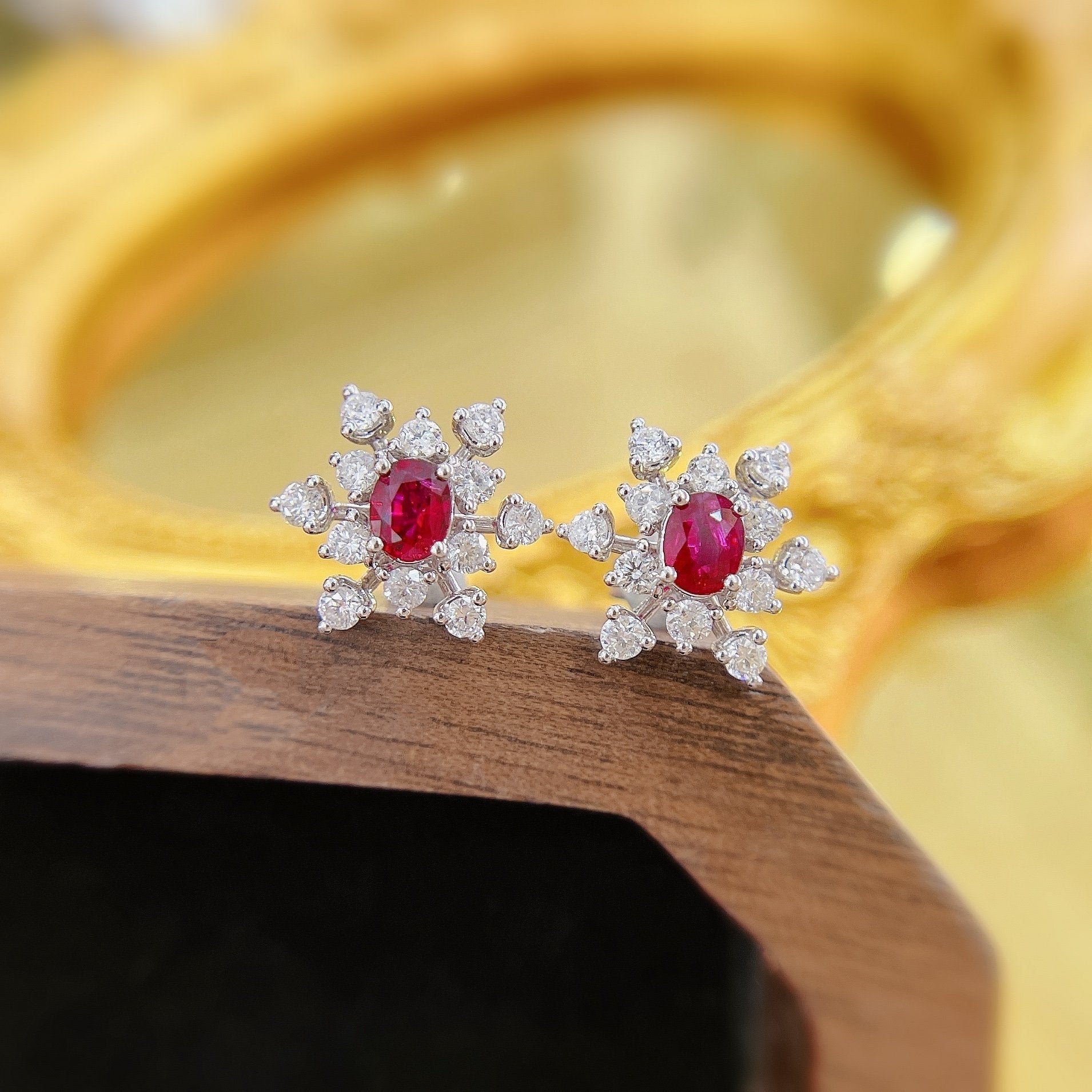 18K Rose Gold Elliptical Snowflake Earrings with Ruby Accent Jeweler.Jewelry