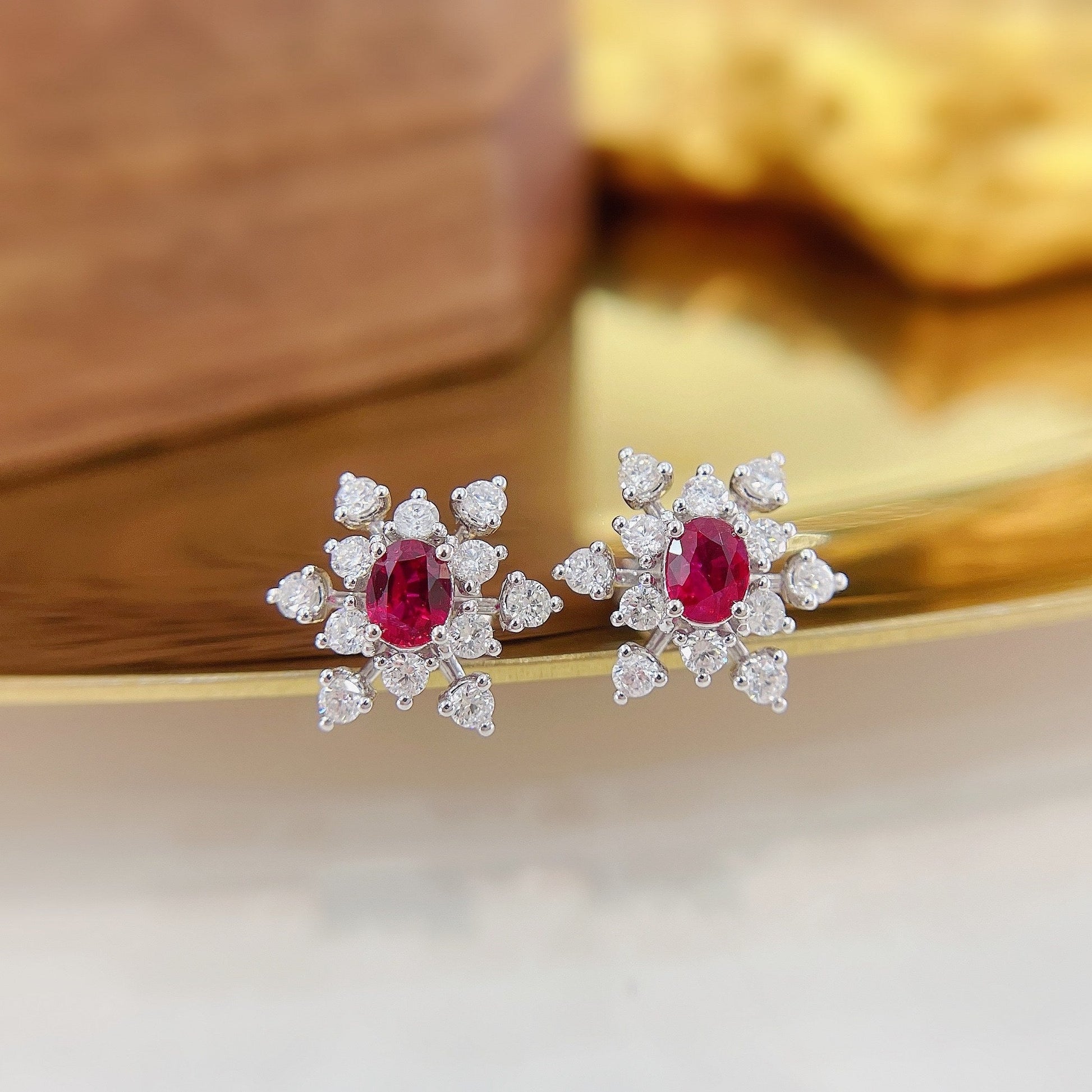 18K Rose Gold Elliptical Snowflake Earrings with Ruby Accent Jeweler.Jewelry