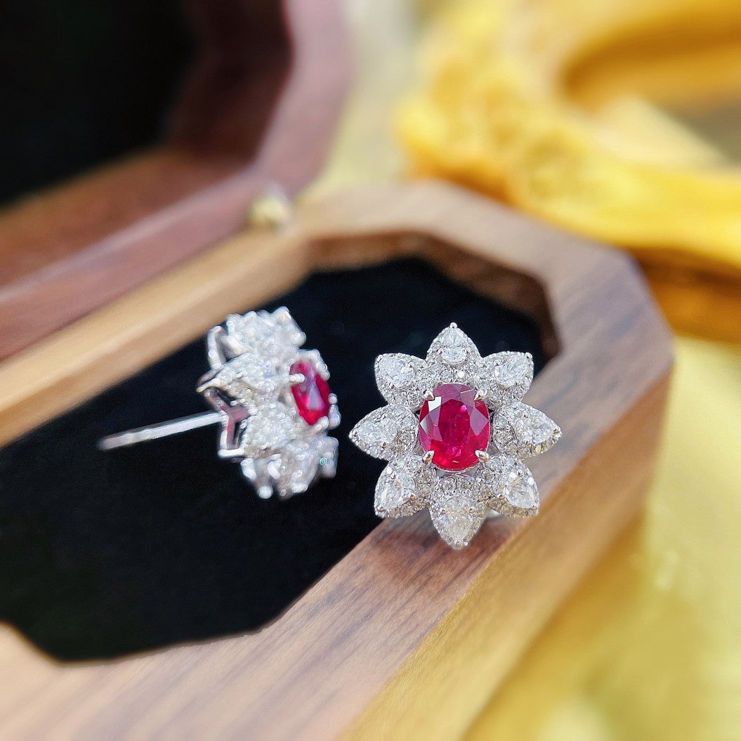 18K Rose Gold Elliptical Sunflower Earrings with Rubies Jeweler.Jewelry