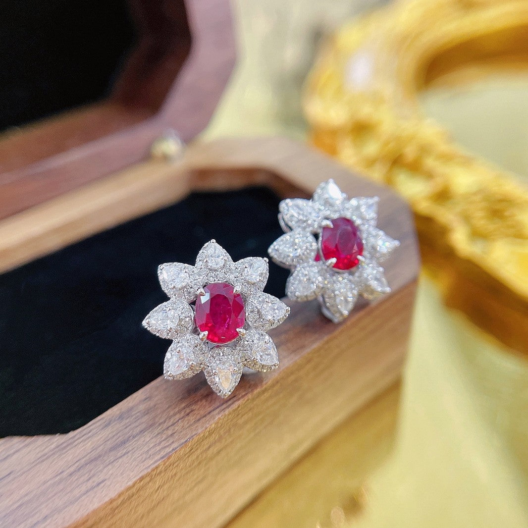 18K Rose Gold Elliptical Sunflower Earrings with Rubies Jeweler.Jewelry