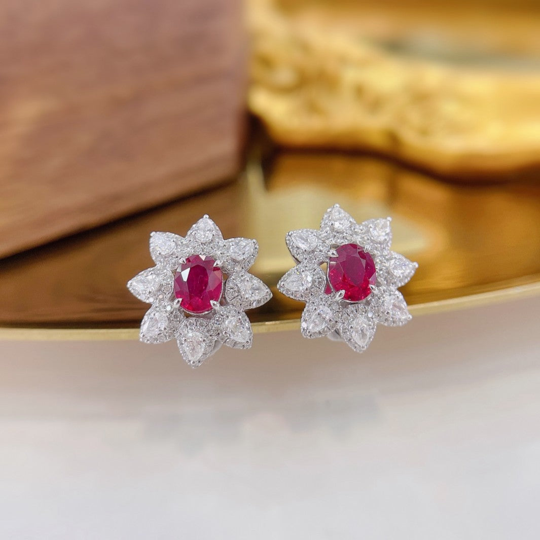 18K Rose Gold Elliptical Sunflower Earrings with Rubies Jeweler.Jewelry