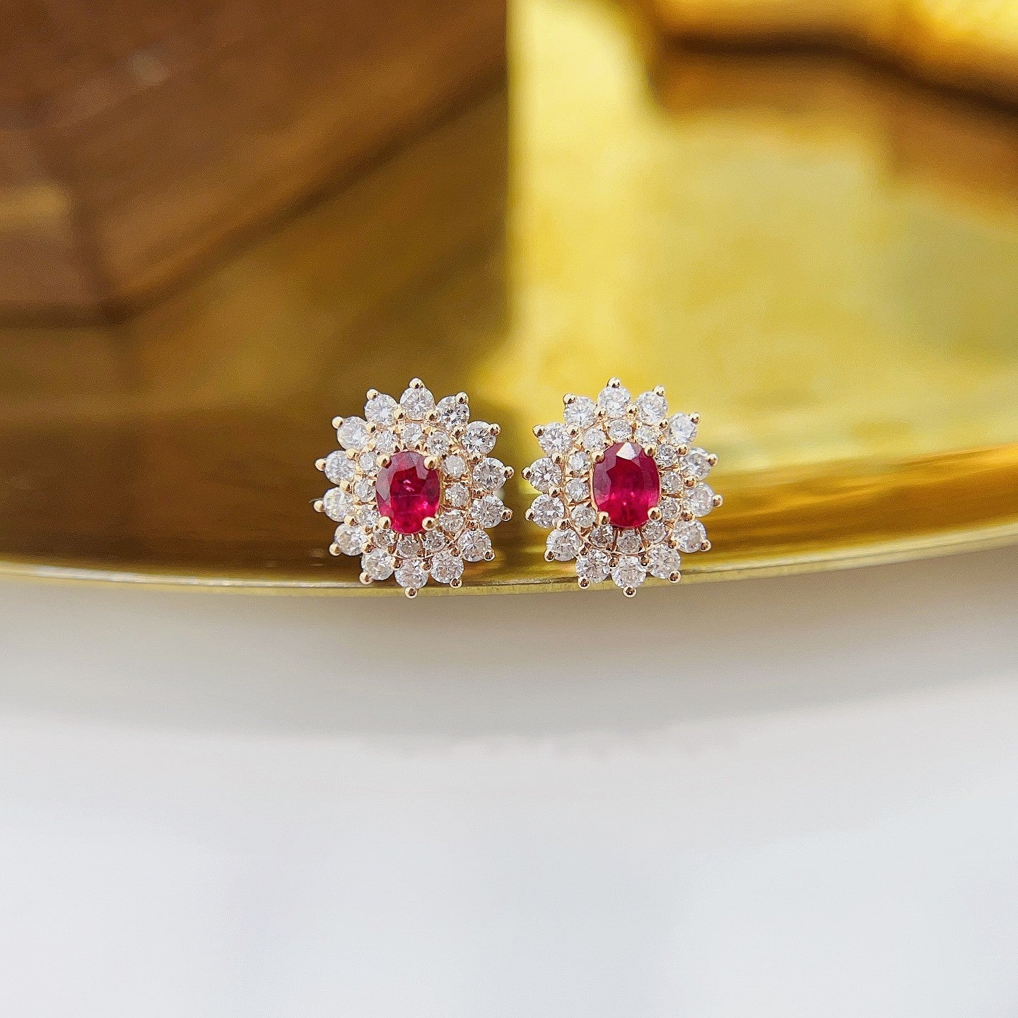 18K Rose Gold Elliptical Sunflower Earrings with Rubies Jeweler.Jewelry