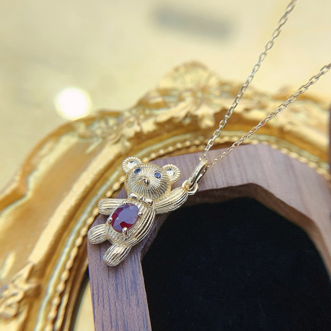 18K Rose Gold Elliptical Teddy Bear Pendant Necklace with Ruby - Red Treasure Necklace